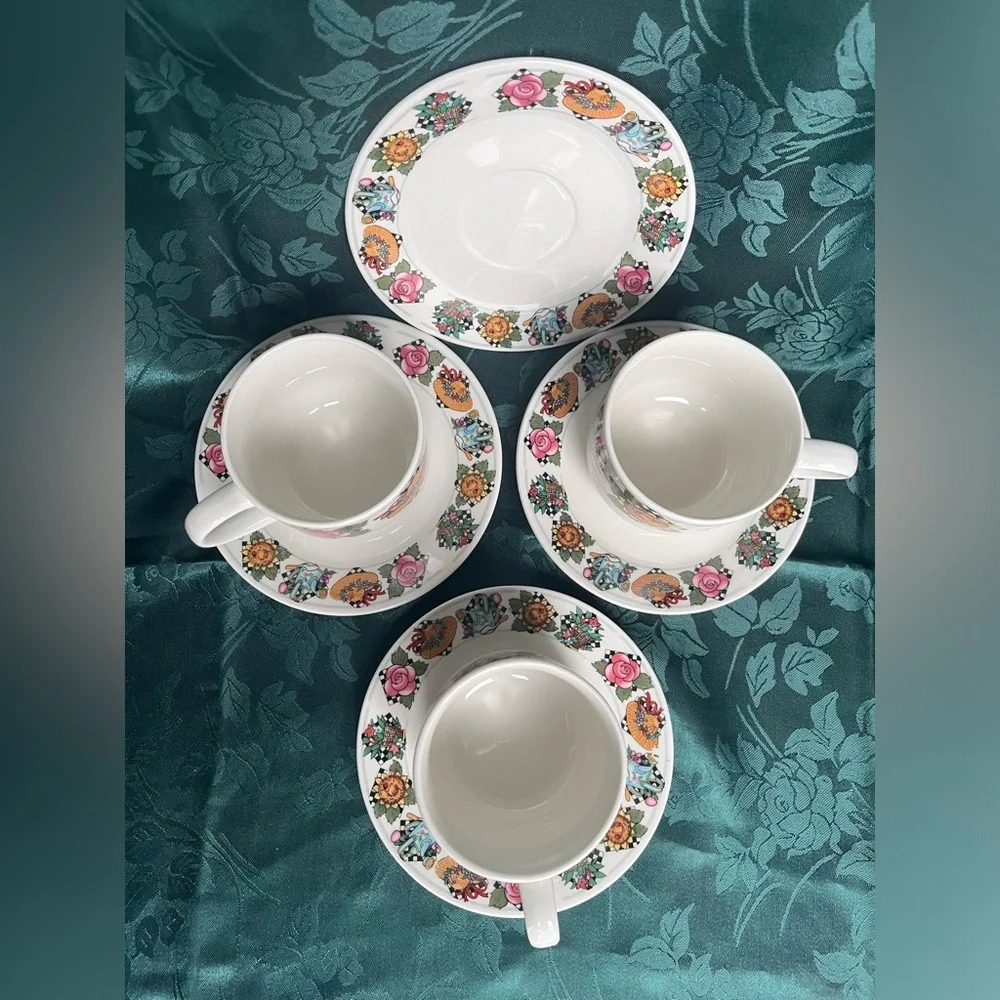 Vintage UTE Tea 3 Cups & 4 Plates Charming Hats & Florals in Engelbreit-style
